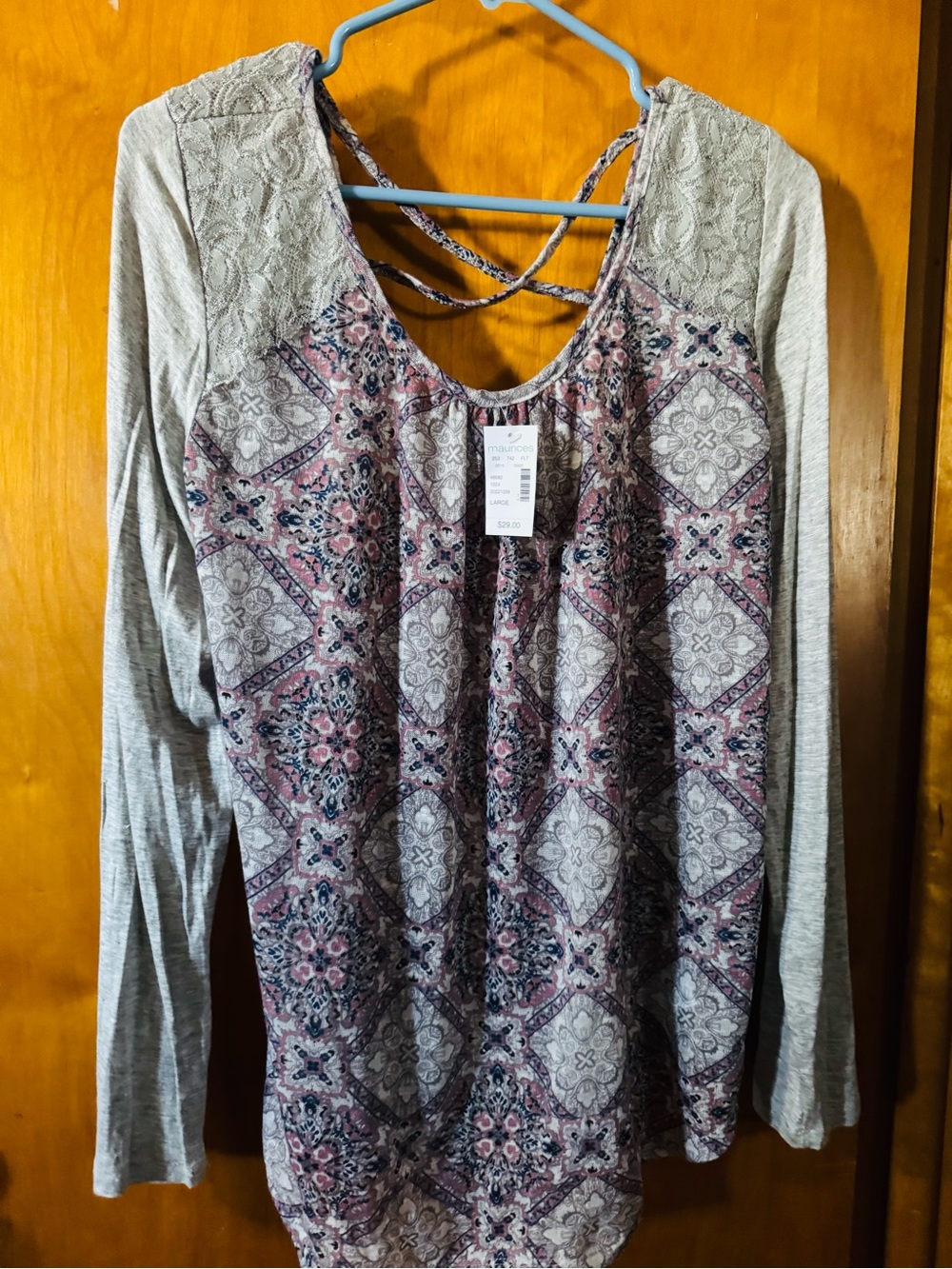 Maurices Pink and Gray Crisscross Back Long Sleeve Top
